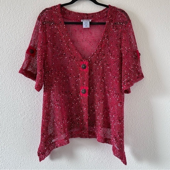 BLAIR Women’s Net Crochet Top Large Red See Through Boho Cover Up Beach Vacation - Picture 1 of 13